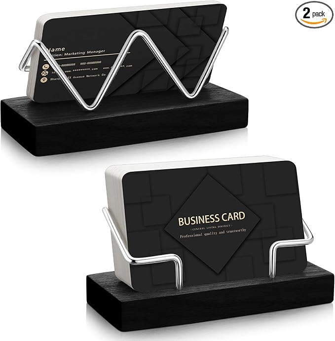 Amyhill 2 Pieces Wood Business Card Holder for Desk Wooden Business Card Display Stand Postcard Holder for Office Home Desktop (Black, Silver)