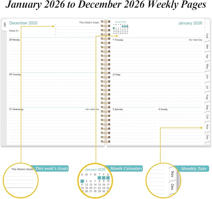 2026 Planner - Weekly Monthly Planner 2026 from January 2026 to December 2026 with 12 Monthly Tabs, Flexible Cover, Inner Pocket, 8.5" x 11", Blue Leaf Flower