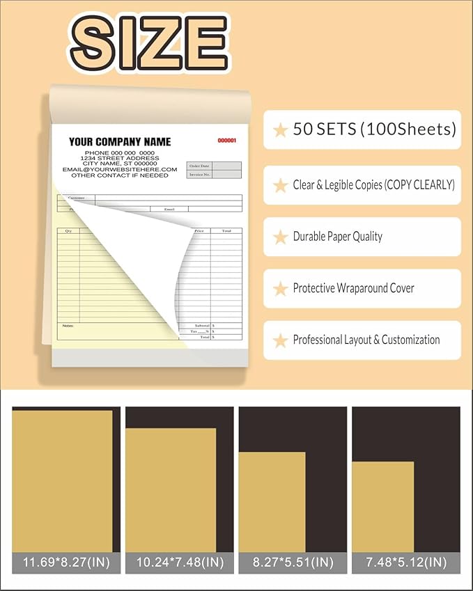 Custom Carbonless Invoice Book with Logo, Personalized Cover & Inner Pages, 2 Part NCR Receipt & Work Order Forms, Easy Tear, Writing Shield for Small Business (Upload Your Design, 8.3 x 5.5INCH)