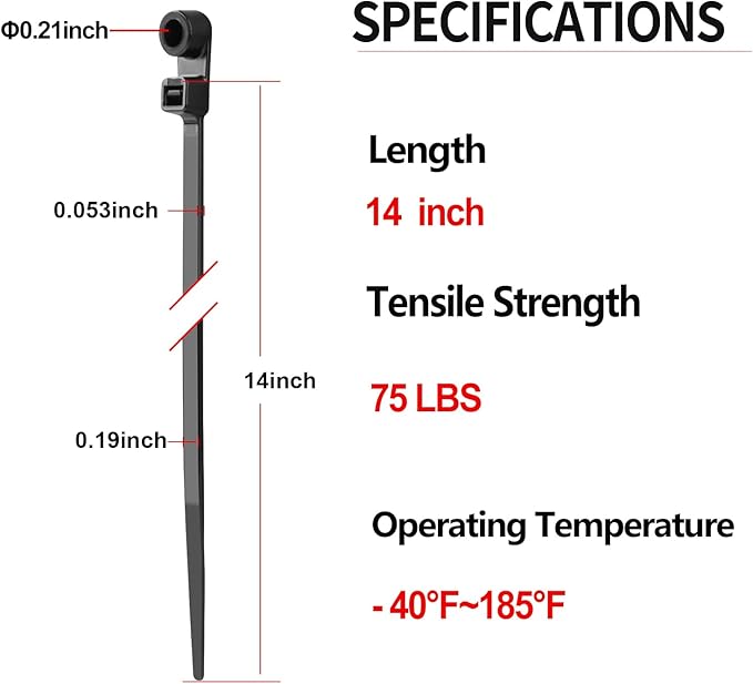 MasiStranth 1000 PCS 14 inch Black Zip Ties with Screw Hole 70lbs Mountable head Cable Ties Straps Multipurpose Heavy Duty Nylon Cable Zip Ties with Screw Mounting Hole