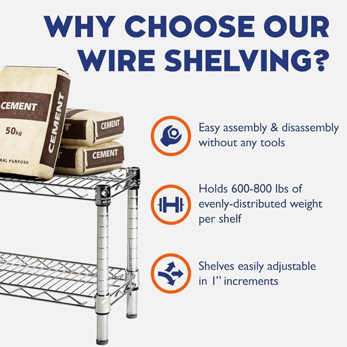 Shelving Inc. 8" d x 12" w Chrome Wire Shelving with 3 Tier Shelves, Weight Capacity 800lbs Per Shelf