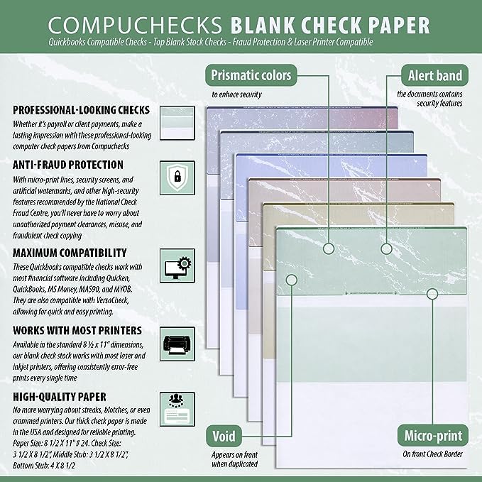 Compuchecks Top Blank Check Paper - 250 Pack, Quick-Books & Laser Printer Compatible - Security Business Checks with Voucher - 8.5" x 11" Burgundy Marble