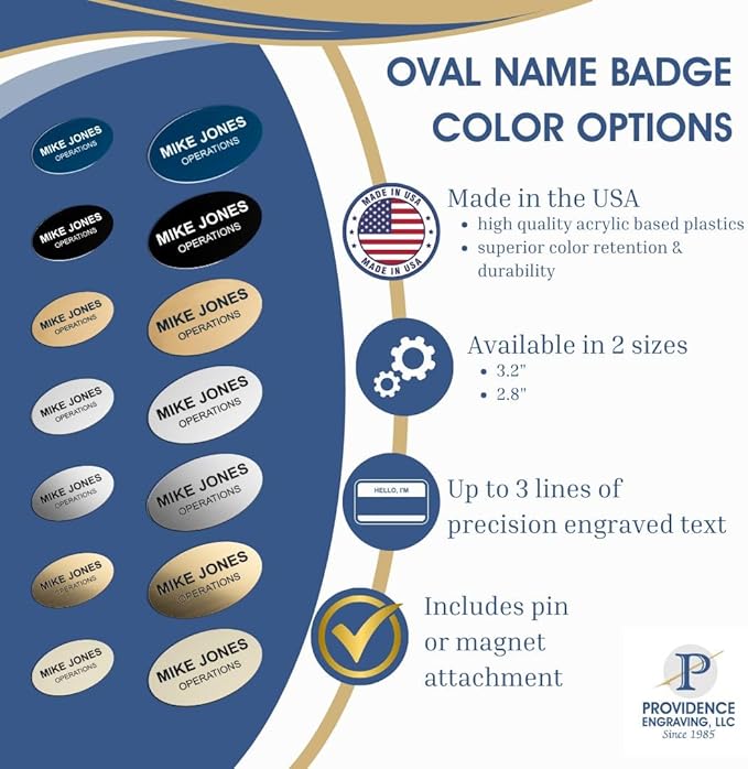 Custom Engraved Name Tag Badges – Personalized Identification with Pin or Magnetic Backing, 3.2 Inch Oval, Blue/White
