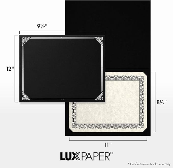 LUXPaper 9.5" x 12" Certificate Holders | Black Linen | Embossed Silver Foil Floral Border | 100lb. Cover | 250 Qty
