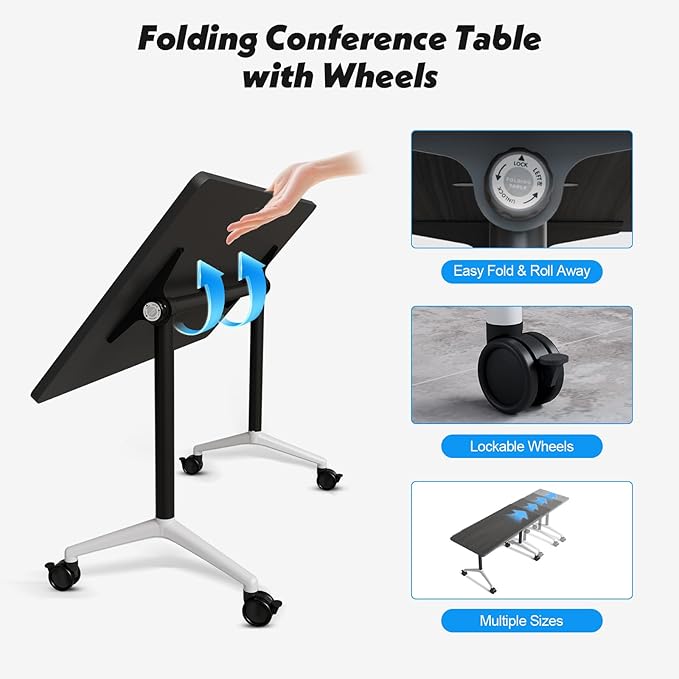 Goakwwuz Conference Room Table, Folding Conference Tables,Thicken Grey Tabletop,Flip Top Wooden Seminar Meeting Room Table for Conference Room Offices (8, Grey, 55.1”)