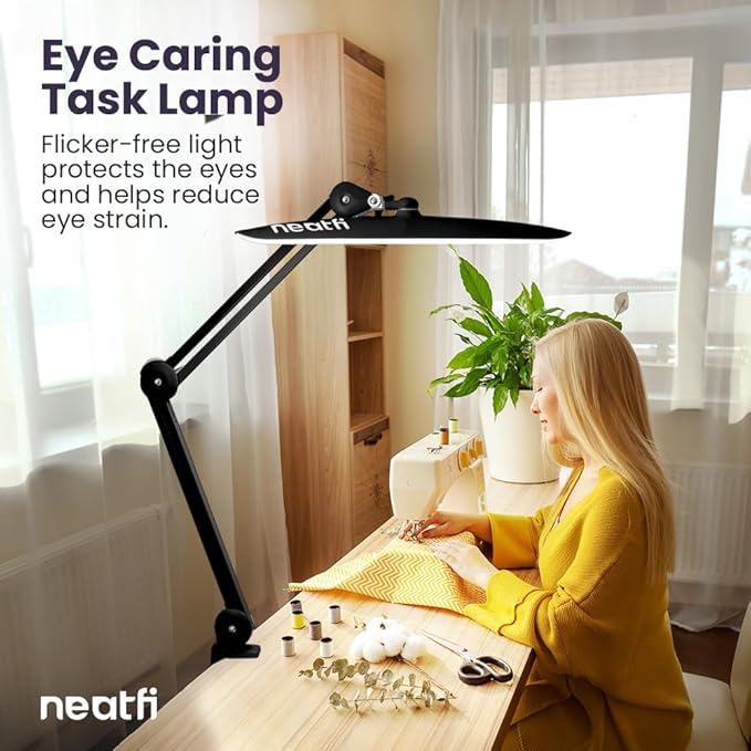Neatfi XL 2,200 Lumens LED Task Lamp, 20W, 182 Pcs SMD LED, Dimmable, 4 Level Brightness, 3 Light Modes, Desk Light for Home, Office, Workbench (CCT, Black)