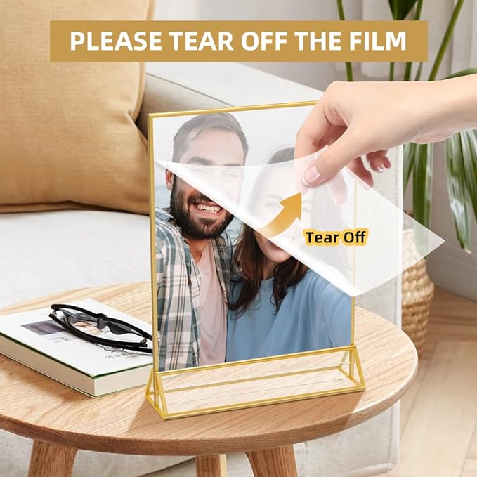 PPH-Sisy 12 Pack Acrylic Sign Holder 5x7, Gold Frame Double Sided Display Stand, Clear Sign Holder Table Plastic Paper Holder, Acrylic Frames for Home Office Shop Photo Frames
