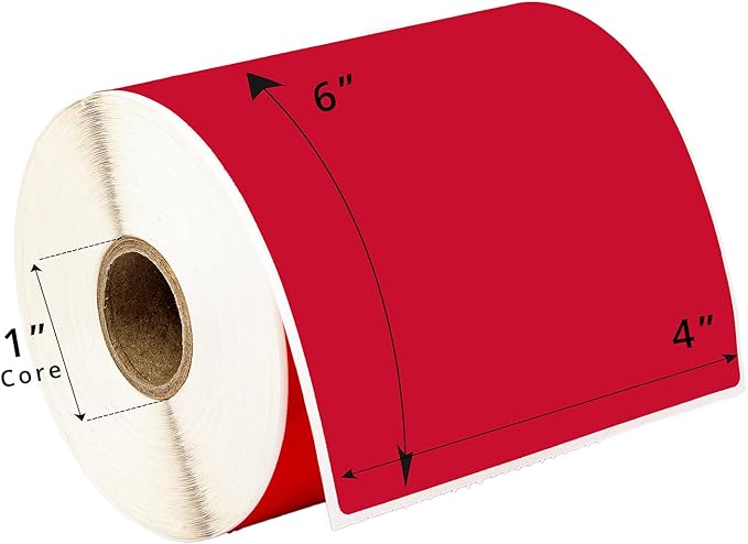 HOUSELABELS 4" x 6" Red Shipping Labels on 1" Core Compatible with Zebra and Rollo Printers, 6 Rolls / 250 Labels per Roll