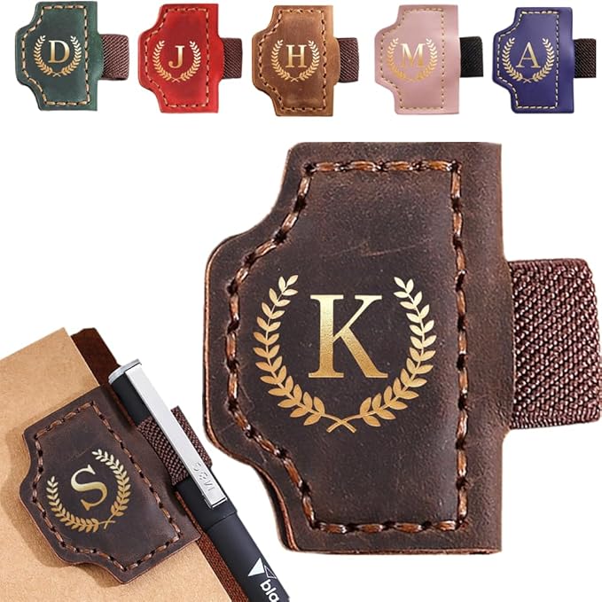 Personalized Mark Bookmark with Pen Holder, Leather Magnetic Book Marker 26 Letters,Custom Initials Page Marks, Gifts for Book Lovers Readers Men Women (Coffee, K)