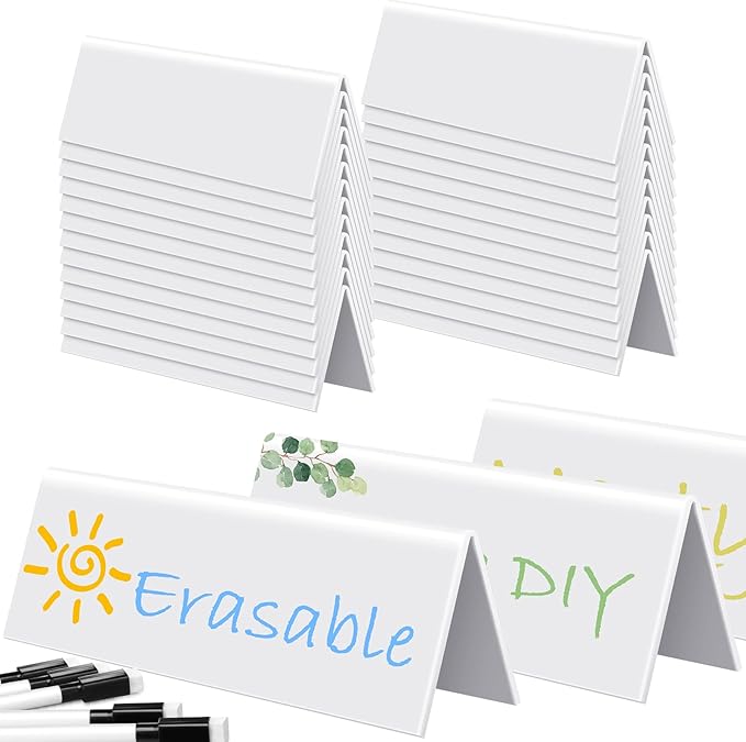 Fainne 30 Sets Dry Erase Name Tent Cards with Black Markers 8.7 x 2.8 x 1.9 Inches White Reusable Name Plate Wipe Clean Desk Tags Sign for Classroom Table Office Conference Meeting Weddings