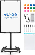 Goplus 40” x 26” Rolling Whiteboard, Height Adjustable Magnetic Dry Erase Board on Wheels with Round Stand, Paper Clips, Storage Tray, Paper Pad, Magnets, Markers, Mobile White Board for Office School