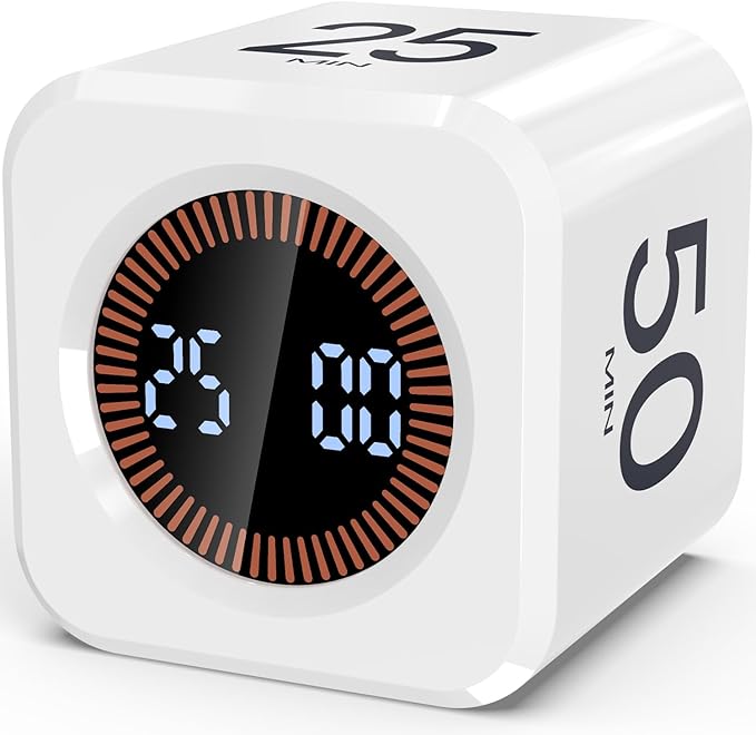 Digital Pomodoro Timer Cube 5/10/25/50min, Visual Productivity Flip Timer for Kids Classroom Desk, Custom Countdown, Silent and Sound Mode for ADHD Study Work Game Kitchen (White)