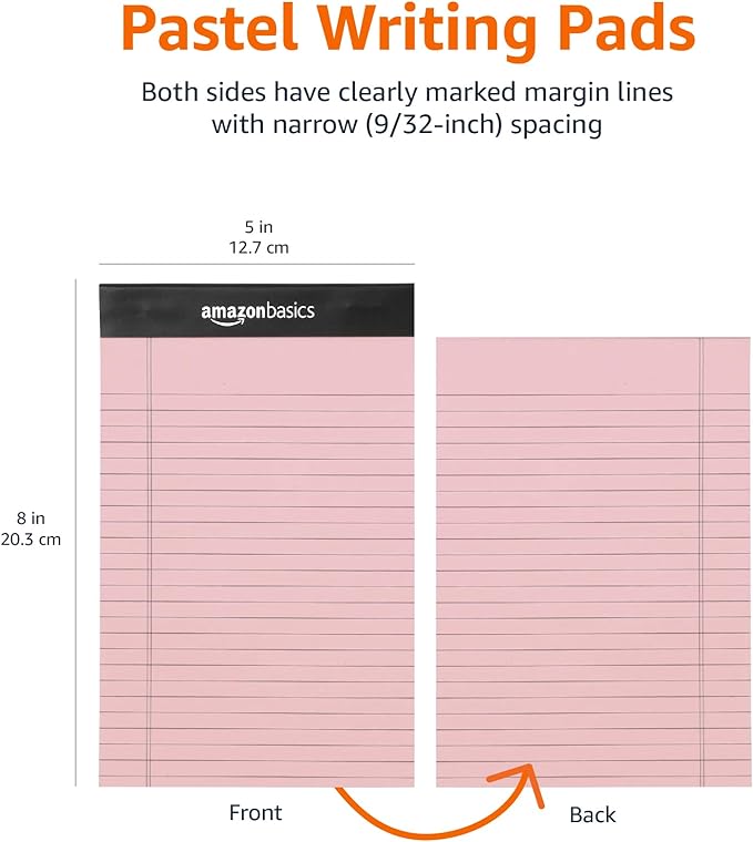Amazon Basics Narrow Ruled 5-Inch by 8-Inch Lined Writing Note Pads, 6 Count (50 Sheet Pads), Multicolor