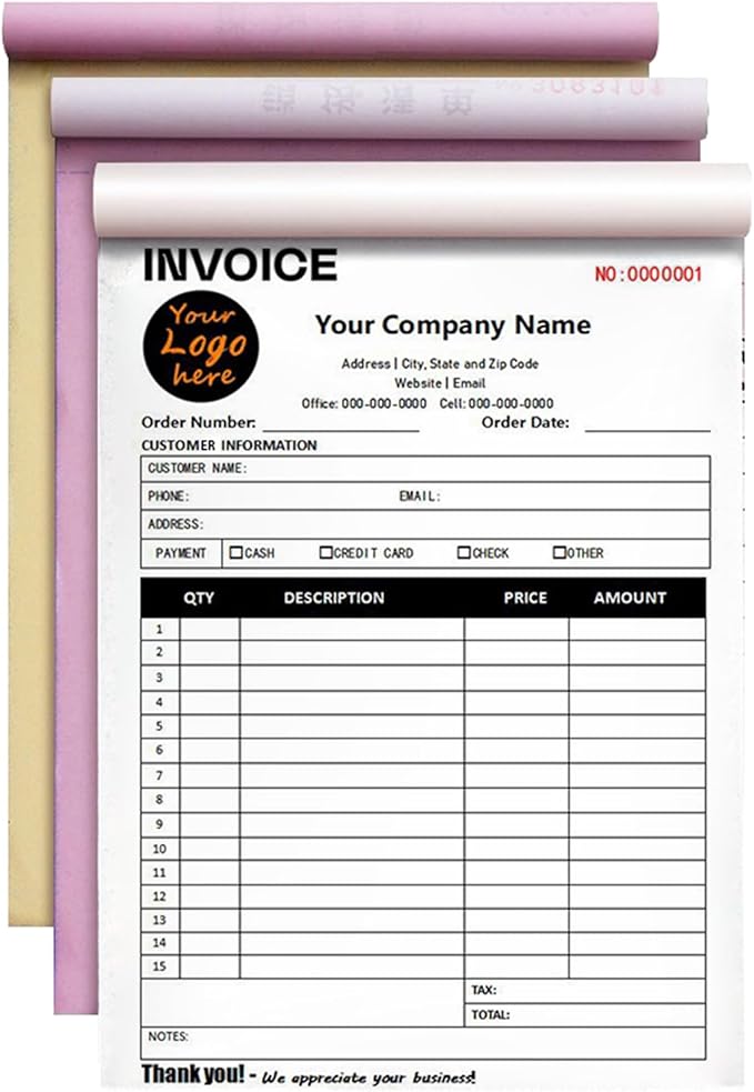 Custom Invoice Book in 3-Part /2-Part Receipt Book with Carbon Copies Personalized Carbonless Service Invoice Form Books Sales Order Book with Company Name Logo Address,E-Invoice Book with Logo