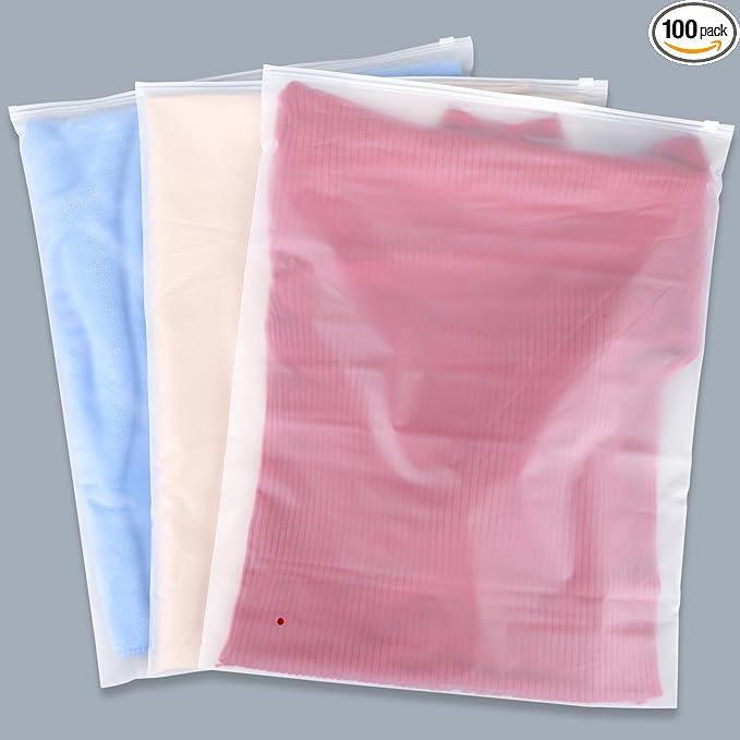 Svaldo Clothing Bags, 100 Count 16x20 inch Extra Large Frosted Zipper Plastic Bags for Clothes, Sweater Dress, Jeans, Jacket, T Shirt Packaging Shipping, 3 Mil, with Vent Holes