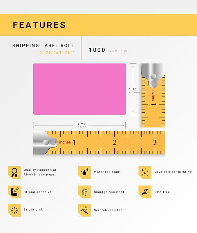 HOUSELABELS 2.25" x 1.25" Pink Address Labels on 1" Core Compatible with Zebra and Rollo Printers, 6 Rolls / 1,000 Labels per Roll
