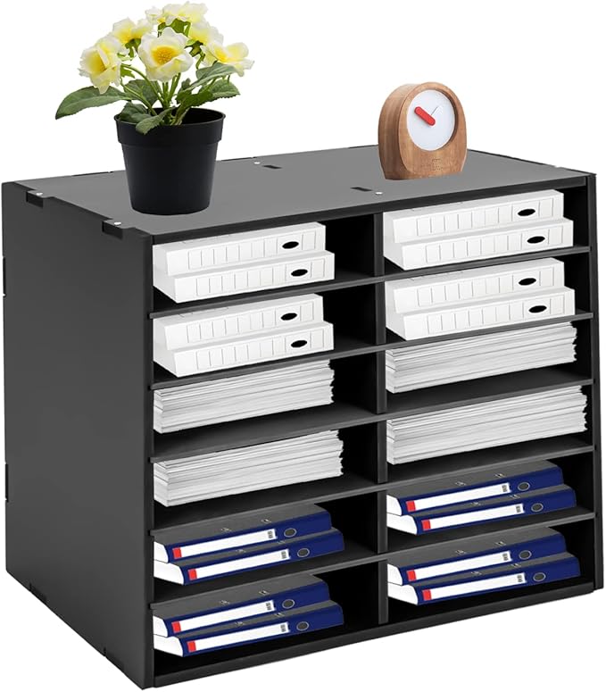 12 Slots Mail Sorters for Office, PVC Literature Organizer with Removable Shelves, Desktop Mail Center Paper Storage Cabinet for Files Magazines Documents, 8.9 * 2.3in Each Slot (12 Slots - Black)