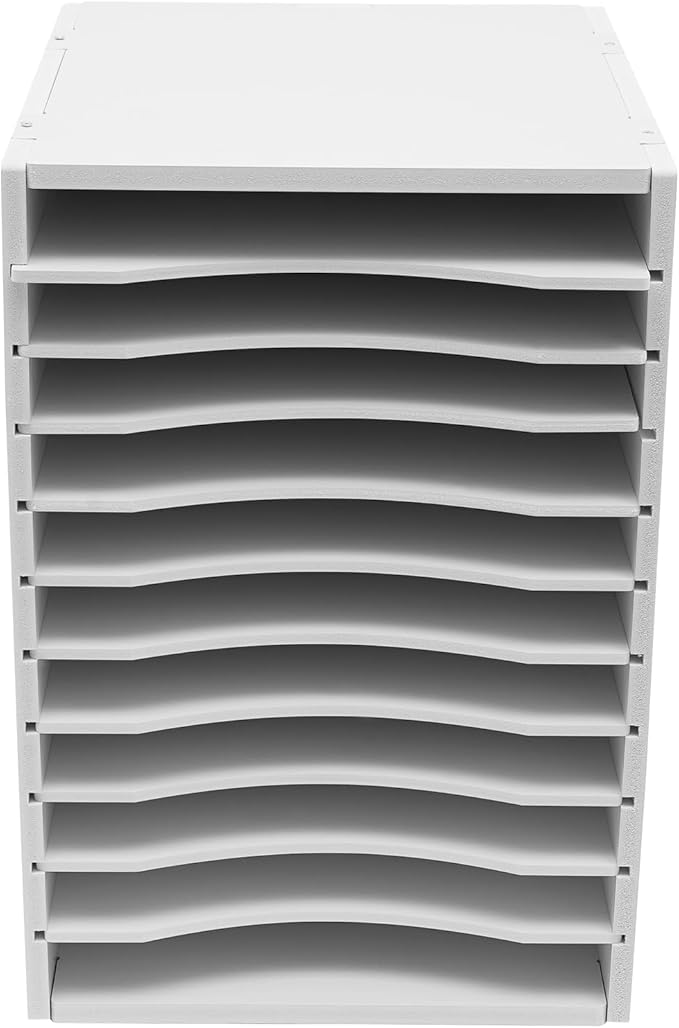 GUEYYSAN Vertical File Storage Rack, 11-Compartment Desktop Sorter Documents Box with Removable Shelves for Studios Office (White)
