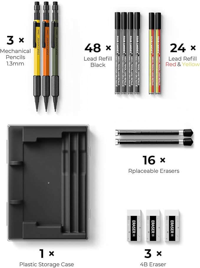 Four Candies 1.3mm Mechanical Pencil Set with 72 Lead Refills, 3PCS Metal Weatherproof Body Heavy Duty Carpenter Pencil, 3 Eraser, 16 Eraser Refills, for Outdoor Woodworking Drafting Marking with Case
