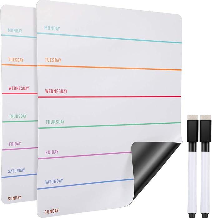 Outus 2 Pieces Magnetic Weekly Dry Erase Boards Erasable Weekly Calendars Whiteboard Planners with 2 Pieces Markers for Office, Home, School Supplies (Color 1, 9.4 x 7.5 Inch)