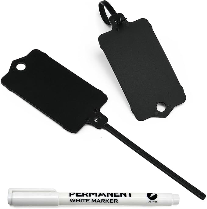 100pcs Blank Plastic Tags for Labeling Reusable Hanging Tags Ties Key Tag Storage Tag Waterproof Plastic Mark Label Writable Hang Sign with One Marker Pen (Black)
