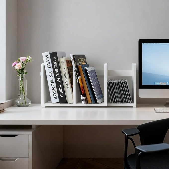 MyGift White Wood Desktop Bookshelf Organizer, Expandable Adjustable Display Shelf Book Rack