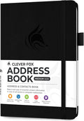 Clever Fox Address Book with alphabetic tabs - PU leather telephone and address book for keeping contacts safe, Contact Organizer Journal, Medium Size (5.3″ x 7.7″) Hardcover, Black
