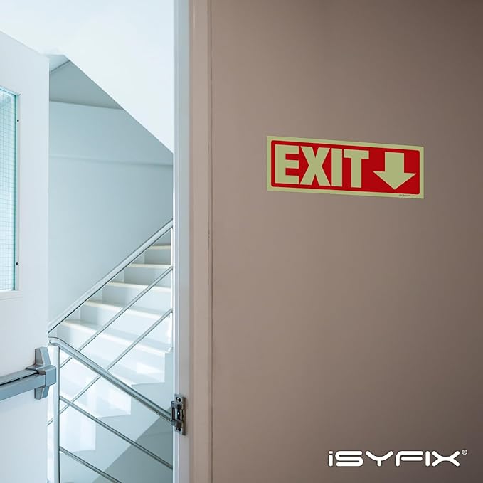 iSYFIX Exit Stickers Signs with Directional Down Arrow 12 Pack 12x4 Inch - Glow in the Dark Photoluminescent Vinyl for Office, School, Business, Warehouse - UV & Weather Resistant for Indoor/Outdoor Use