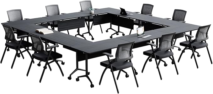 Goakwwuz Conference Room Table, Folding Conference Tables,Thicken Grey Tabletop,Flip Top Wooden Seminar Meeting Room Table for Conference Room Offices (10, BlackWoodGrain, 61.0“)