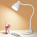 BOHON LED Desk Lamp with USB Charging Port, 3 Color Modes Dimmable Reading Lamp, Auto Dimming Task Lamp, Flexible Neck Table Light for Dorm Bedside, Adapter Include, White