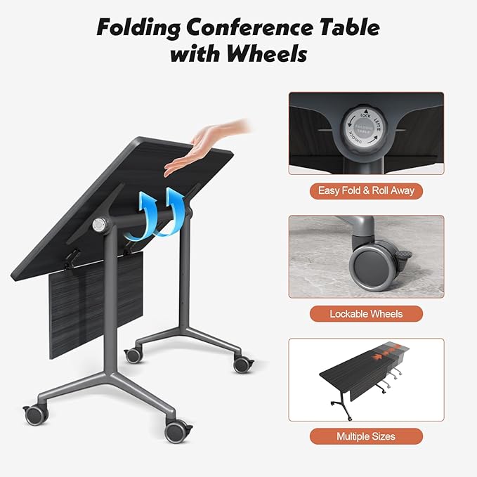 Goakwwuz Conference Room Table, Folding Conference Tables,Thicken Grey Tabletop,Flip Top Wooden Seminar Meeting Room Table for Conference Room Offices (2, BlackWoodGrain, 47.2“)