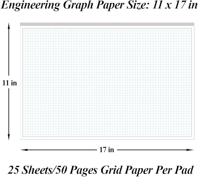 Engineering Graph Paper Pads, 11x17 Quadrille 25 Sheets/50 Pages Grid Paper for Drafting, Engineering, Blueprint Drawing, 4x4 Blue Quad Rule, 100gsm White Paper