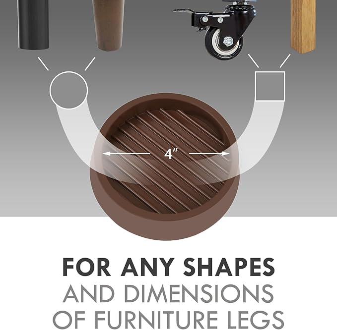 VOCOMO 4X4 Round Rubber Caster Cups, Non Slip Furniture Pads, Anti-Slip Gripper, Anti Skid Furniture Feet, Anti Slide Floor Protector for Bed Couch Table Chair Stoppers (Brown, 4 Pack)