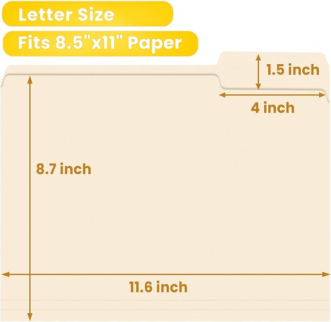 SUNEE File Folders, 30 Pack Manilla Folders 8.5 x 11, 1/3 Cut Tab for Easy Labeling and Organization, Durable Standard Paper for Home, Office, School Filing