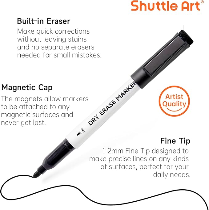 Shuttle Art Black Dry Erase Markers, 60 Pack Magnetic Whiteboard Markers with Erase,Fine Point Dry Erase Markers Perfect For Writing on Whiteboards, Dry-Erase Boards,Mirrors for School Office Home
