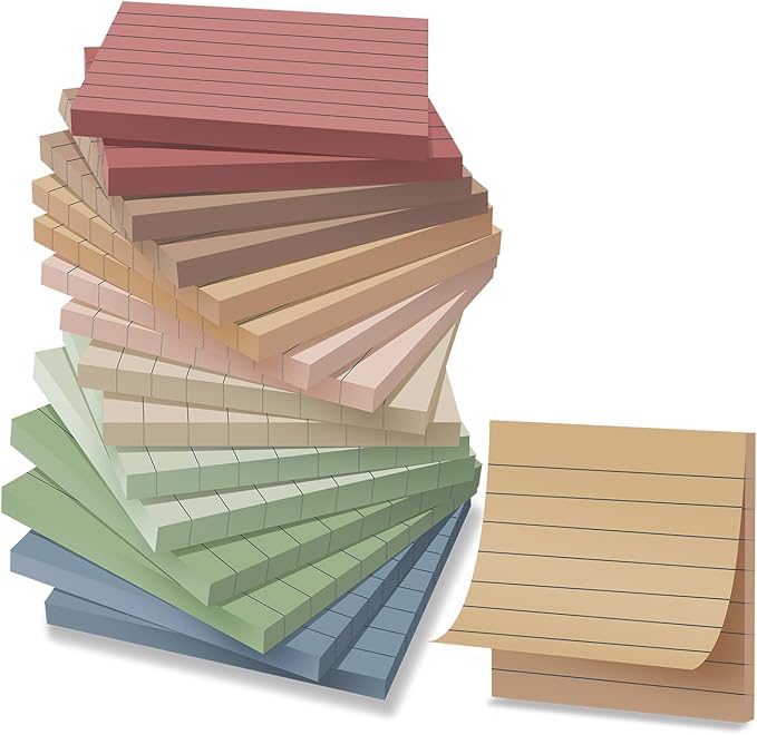(16 Pack) Lined Sticky Notes 3x3 in Ruled Stickies Super Sticking Power Memo Pads Vintage Colors