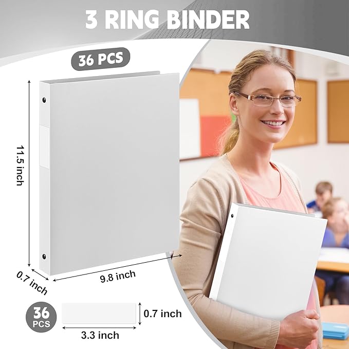 Henoyso 36 Pcs 3 Ring Binder 0.5 Inch Round Fits Letter Size 8.5'' x 11'' Paper Plastic Flexible Binder Bulk Holds 140 Sheets with 1 Pockets Versatile Organizer for Home Office School (White)