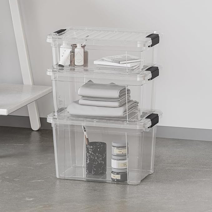 Superio Clear Storage Boxes with Lids, 49 Quart Plastic Container Bins for Organizing, Stackable Crates, BPA Free, Non Toxic, Odor Free, Organizers for Home, Office and Dorm, 4 Pack