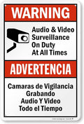 SmartSign 18 x 12 inch “Warning - Audio & Video Surveillance On Duty At All Times” Bilingual Sign, Digitally Printed, 55 mil HDPE Plastic, Red, Black and White, Made in USA