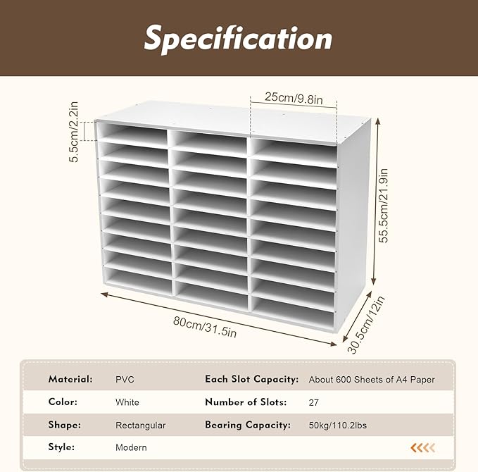 27 Slots Mail Sorters for Office, PVC Literature Organizer with Removable Shelves, Door-Less Mail Center Paper Storage Cabinet for Files Magazines Documents, 9.8 * 2.2in Each Slot (27 Slots - White)