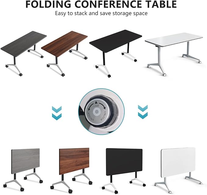 Goakwwuz Conference Room Table, Folding Conference Tables,Thicken Grey Tabletop,Flip Top Wooden Seminar Meeting Room Table for Conference Room Offices (4, Black+White, 55.1”)