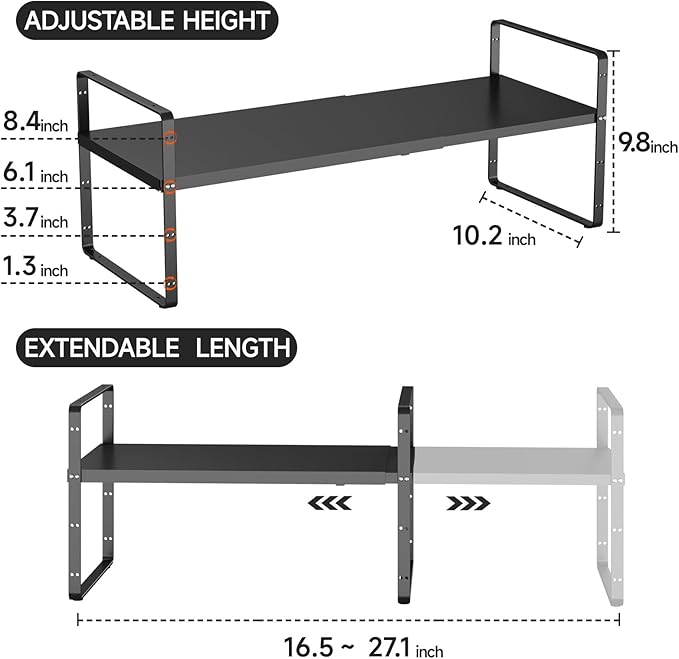 jkxoo 16.5-27’’L Expandable Kitchen Shelf Organizer, Stackable Shelves Organizer, Adjustable Height Pantry Spice Rack for Cabinet, Countertop, Pantry and Cupboard, Black