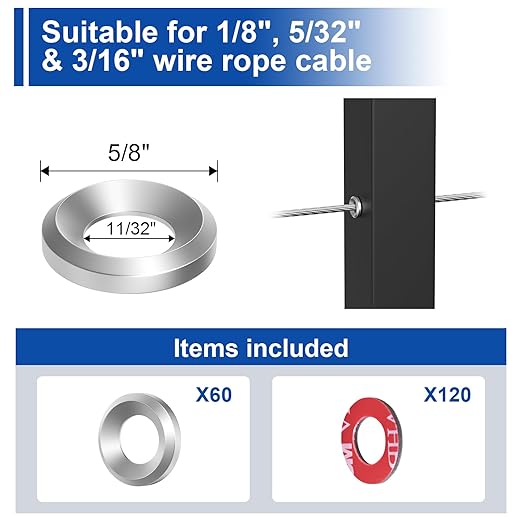 BLIKA 60Pack Cable Railing Adhesive Sleeves for 1/8" 5/32" 3/16" Wire Rope Cable, T316 Stainless Steel, 2.8mm Thickness Cable Railing Protector Adhesive Sleeves for Deck Stair Cable Railing Post Kits