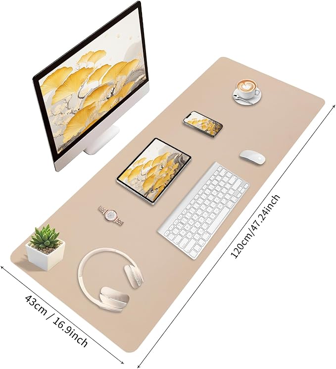 Bloss Extra Large Leather Desk Ma, 47.2" x 16.9" Non-Slip Dressing Table Cover Protector, Waterproof Student Study Desk Mat, Home Office Decor - Beige