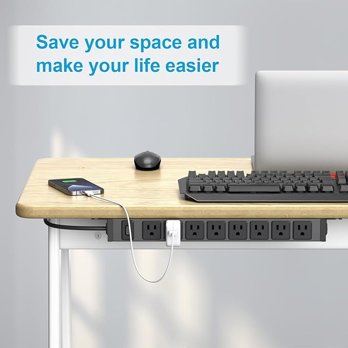 HHSOET Metal 360° Rotating Mountable Power Strip, 8 Outlet Gaming Table Mounted Long Power Strip, Heavy Duty Wall Mount Surge Protector with Switch, 15A 125V 1875W, 6ft Power Cord.(Black)