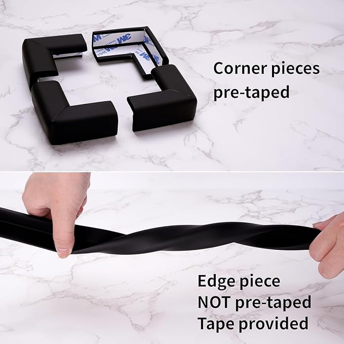 Baby Proofing Edge and Corner Guards, (16.4ft Edge + 4 Corners) Safety Furniture Bumper, Baby Corner Protector for Fireplace, Table, Stair, Cabinet, 3M Adhesive, Black