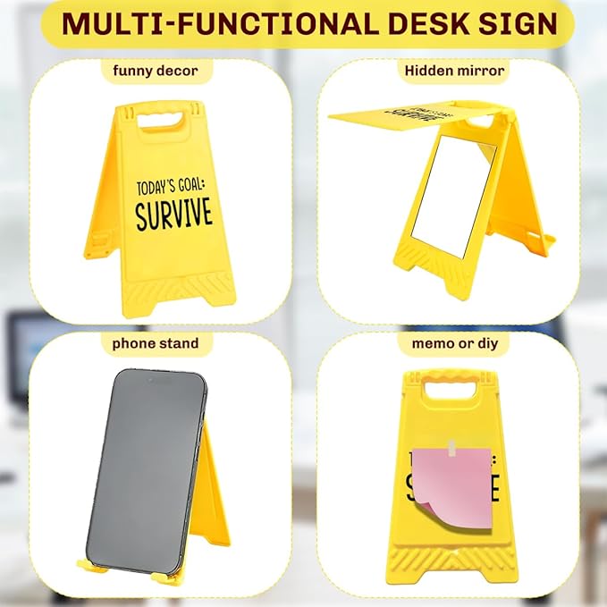 Funny Office Desk Accessories,Motivational Affirmations Office Cubicle Decor,Phone Holder Mirror Acrylic Table Signs,Library Desk Decor for Women Men Boss Lady Coworker Coordinator Leader (Survive)