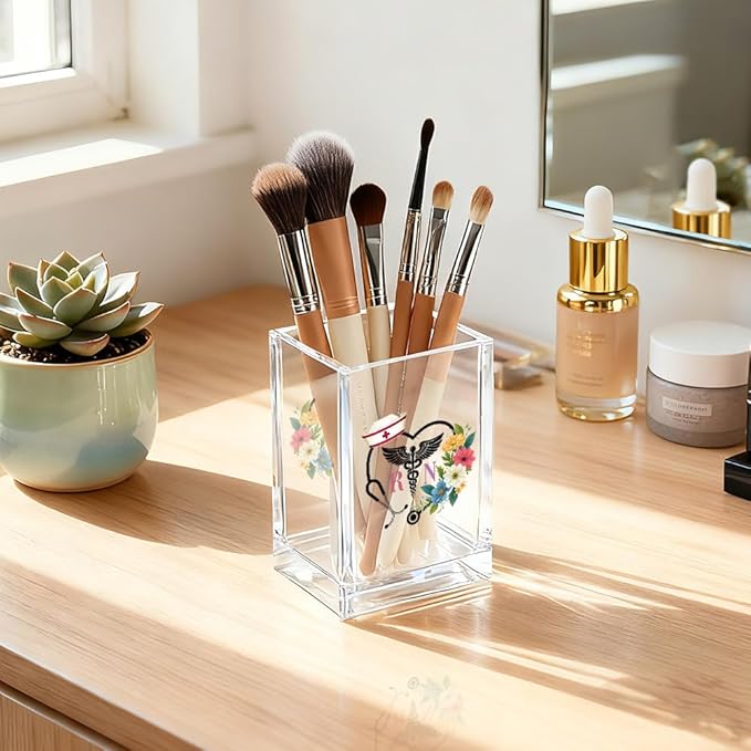 QYUVK RN Acrylic Pencil Holder Cup, Floral Stethoscope Pen Holder for Women Nurse, Appreciation Thank You Gifts for Registered Nurse CAN MA, Nurse Week Decor RN Gifts, Nurse Day Present