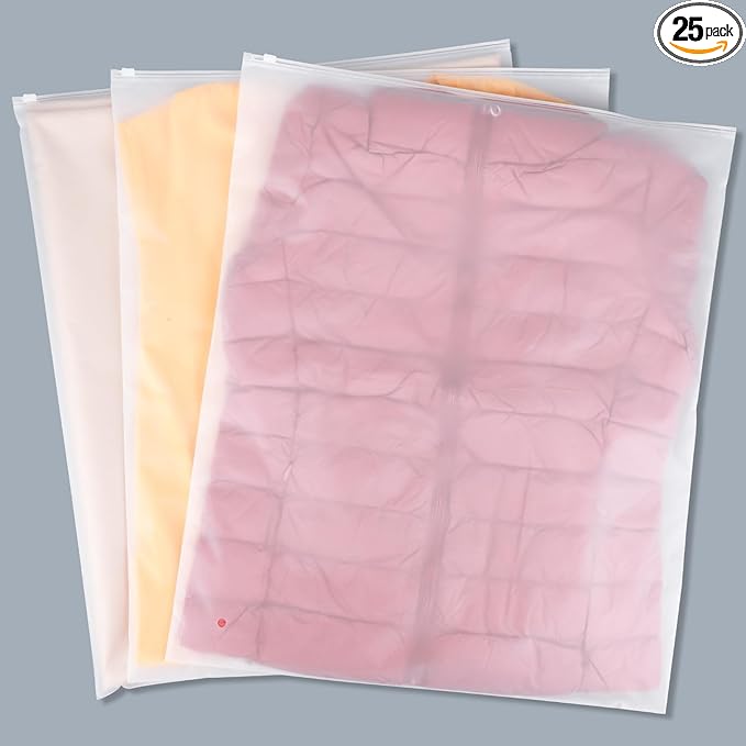 Svaldo Clothing Bags, 25 Count 20x24 Inch Jumbo Extra Large Frosted Zipper Plastic for Clothes, Poly for Shipping Packaging T Shirt, Sweater Dress, Backpack, Blanket, 3 Mil, With Vent Holes