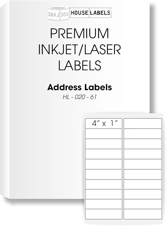 HOUSELABELS 20-up Shipping Labels (4" x 1") for Laser and Inkjet Printers, 200 Sheets